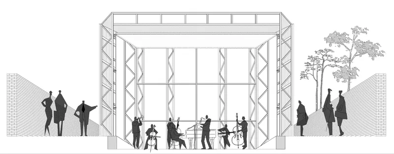 Linear performance pavilion activates the public corridor through cultural programming and open accessibility.
