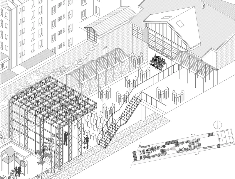 Elevated terraces and modular pavilions structure a layered public space, integrating circulation, gathering, and flexible socio-cultural activities.