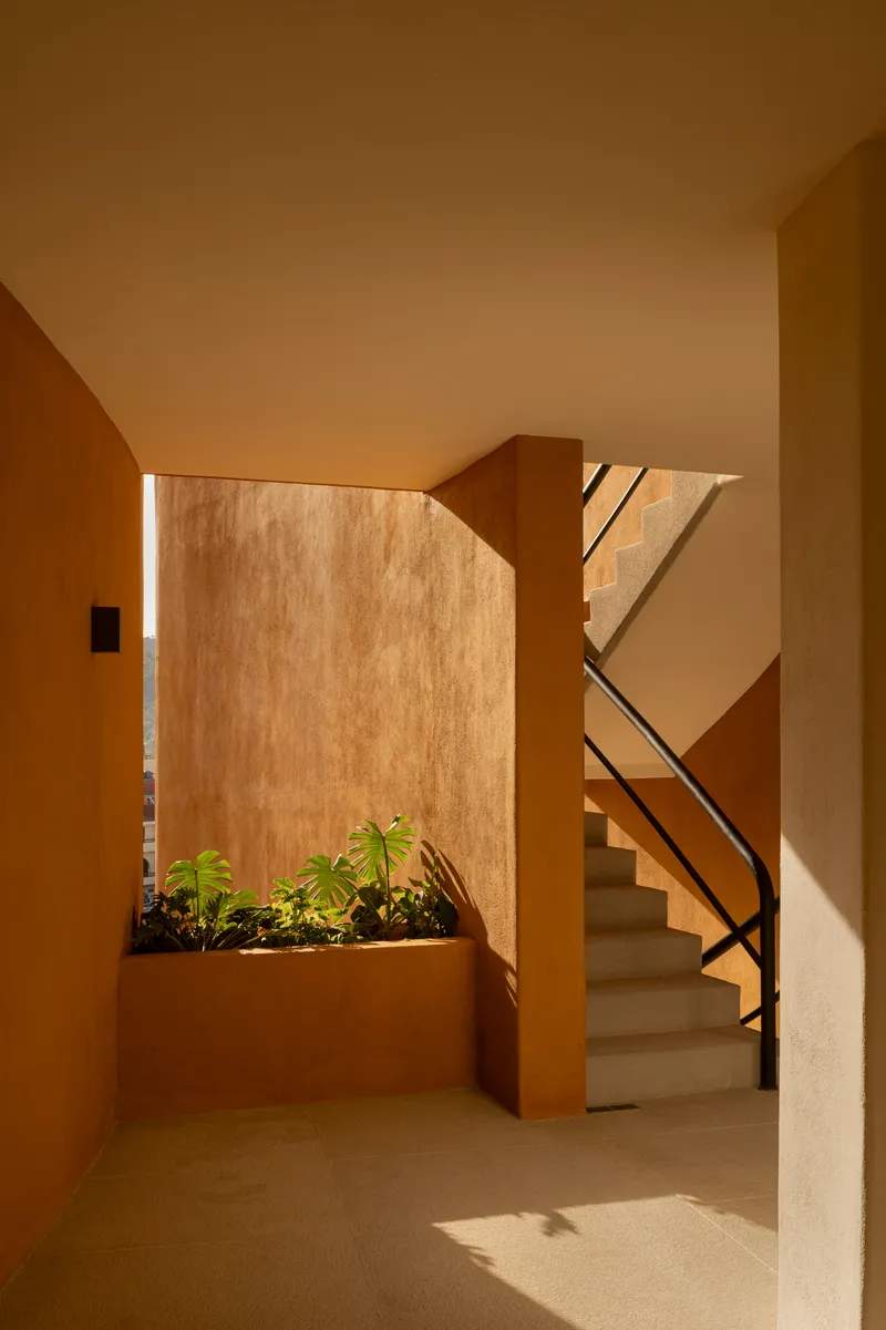 Interior courtyard with ochre planter box filled with green plants beside a staircase in sunlight