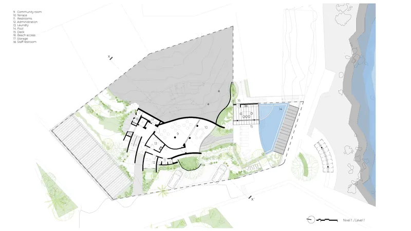 Upper floor plan drawing showing residential units arranged around a curved core with pool terrace