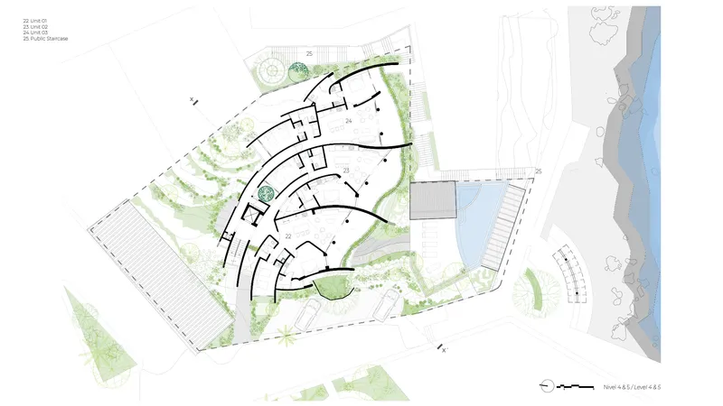 Site plan drawing showing the curved building with planted roof levels and waterfront edge to the east
