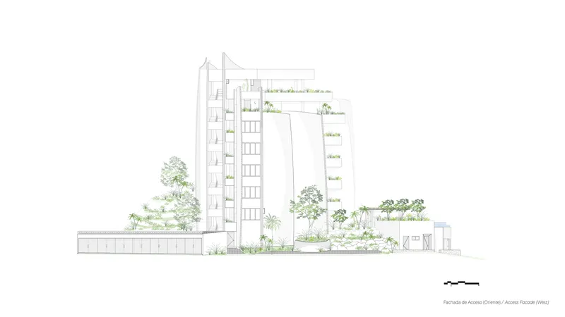 Elevation drawing showing a tower with planted terraces and surrounding trees on level ground
