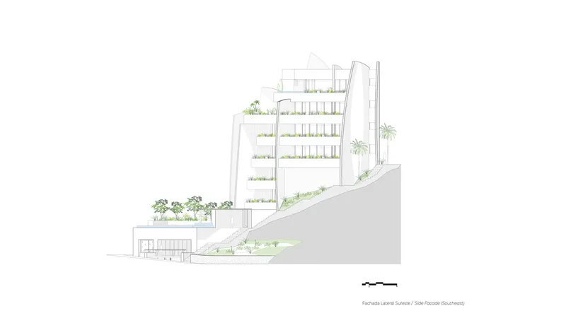 Section drawing revealing stacked floors with greenery and a sloped site condition
