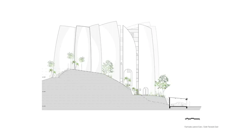 Section drawing depicting tall angular walls rising from a planted hillside