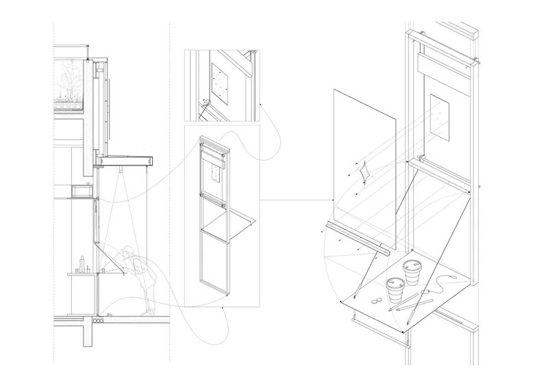 Axonometric detail drawings of facade assembly showing window modules and structural connections
