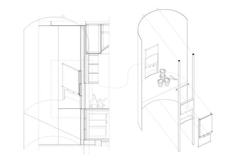 Section and axonometric drawings depicting vertical circulation and arched interior volumes