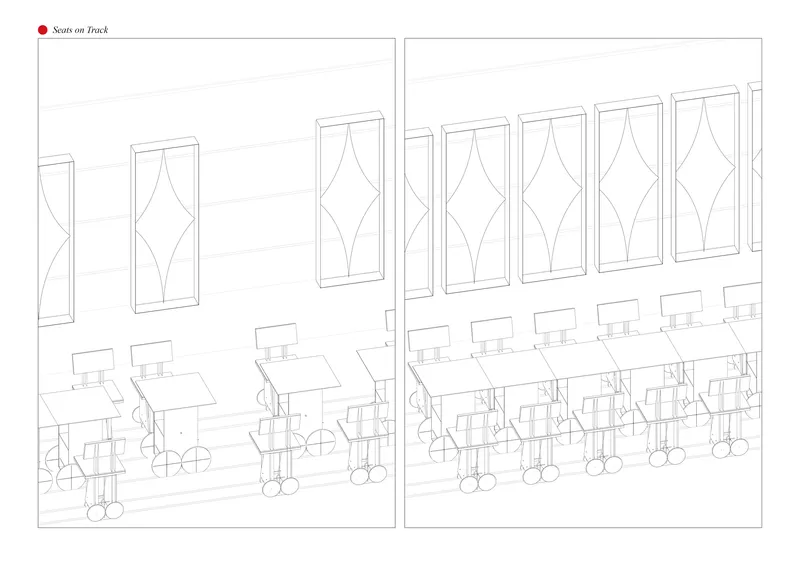 Section drawing showing seats on track with rolling chairs below diamond-patterned windows