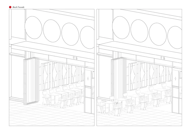 Interior elevation drawing showing back facade with oval windows and patterned panels above seating