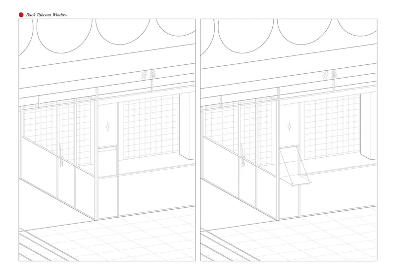 Elevation drawing showing back takeout windows with gridded glass and flip-down service counter