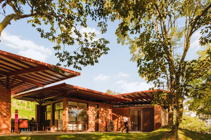 Covered terrace with exposed timber roof structure and brick walls beneath dappled tree shade
