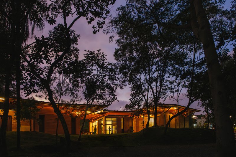 Illuminated glazed entrance beneath wide eaves framed by tree silhouettes at dusk