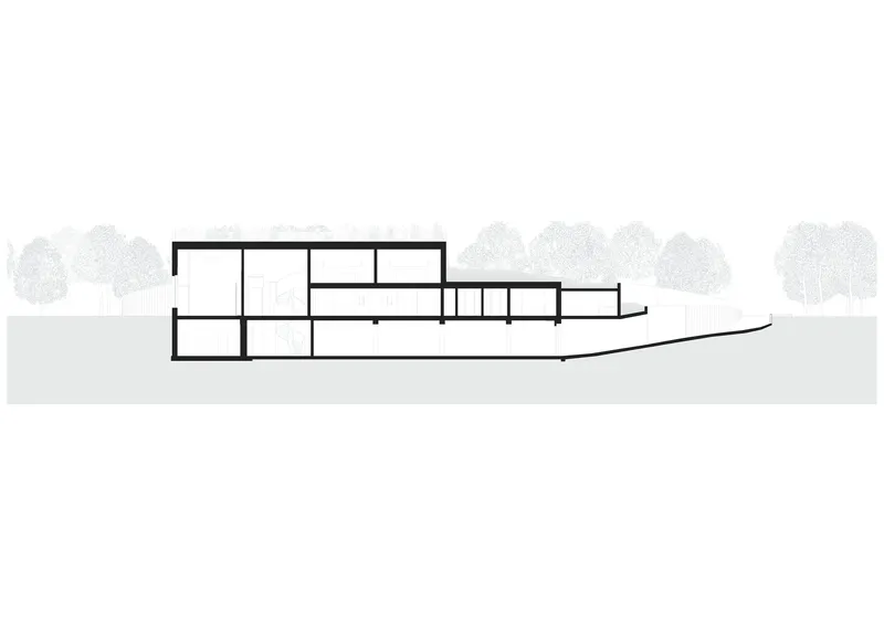 Section drawing showing a stepped linear building following a sloping site with trees