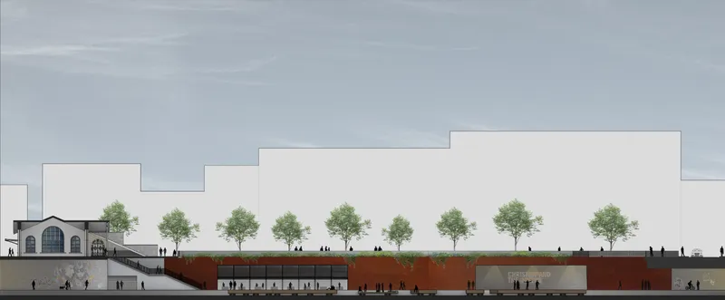 Sectional cut revealing layered circulation and integrated public programs along the reimagined rail corridor