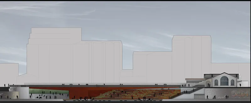 Longitudinal section showcasing amphitheater seating and continuous pedestrian connectivity across levels