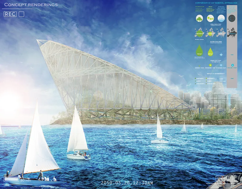 A climate-responsive megastructure rising from the ocean, redefining sustainable architecture for a submerged future.