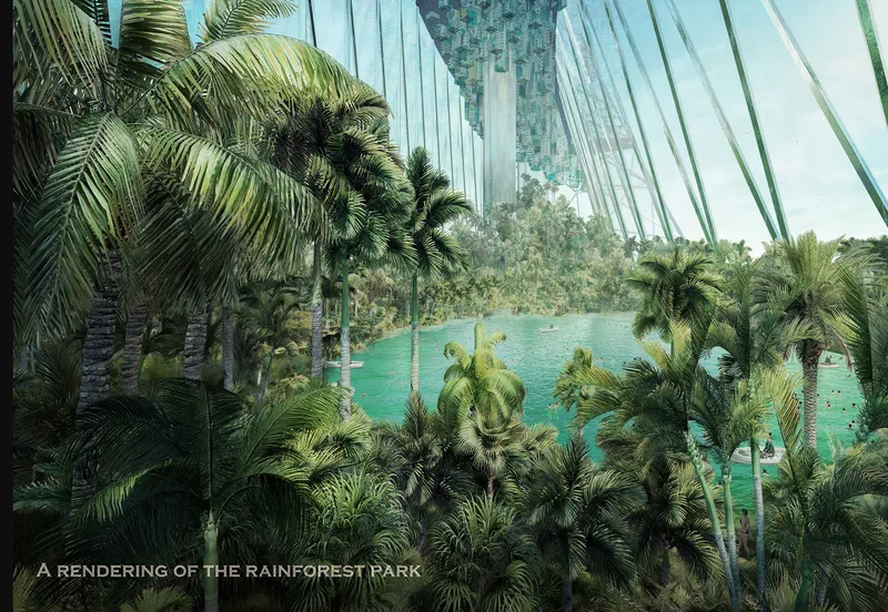 An integrated tropical ecosystem creates a self-sustaining environment within the vertical city.