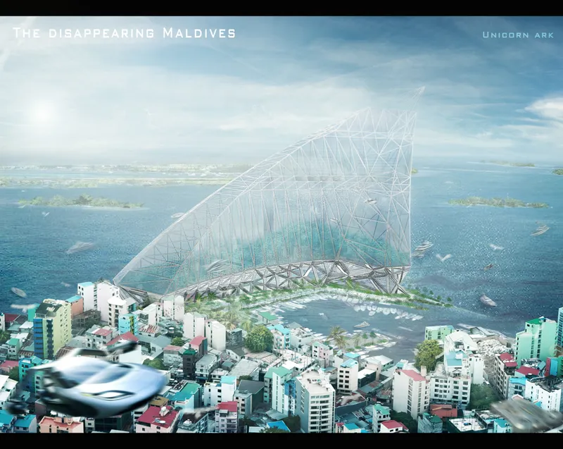 A futuristic ark anchors itself within Malé, adapting architecture to rising sea levels and urban density.