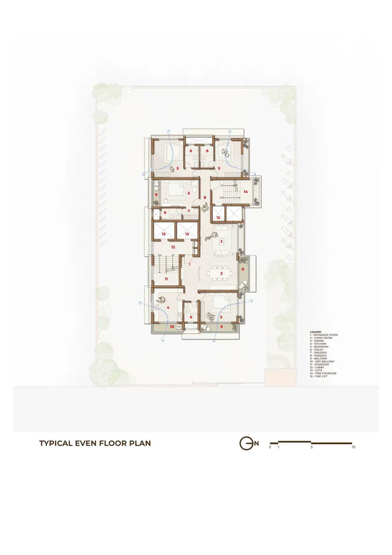 Floor plan drawing showing multiple residential units arranged around a central circulation core with balconies