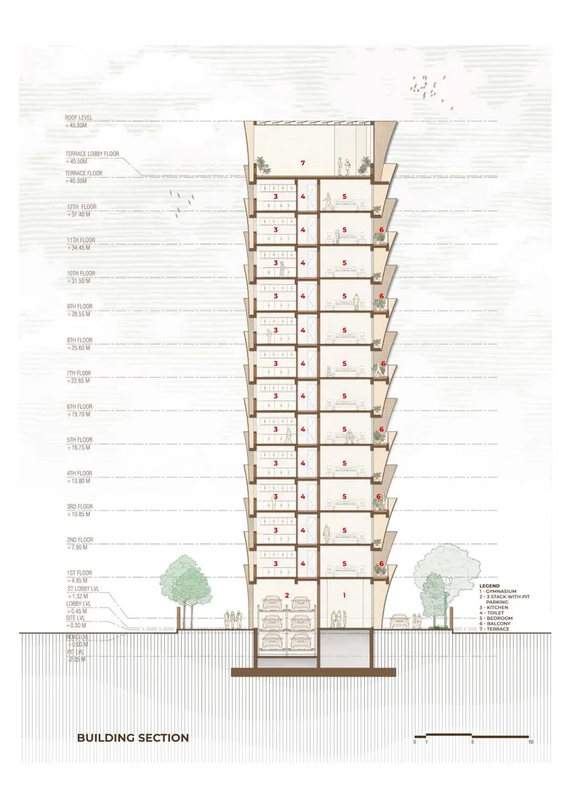 Building section drawing revealing a slender tower with cantilevered balconies and flanking trees at ground level