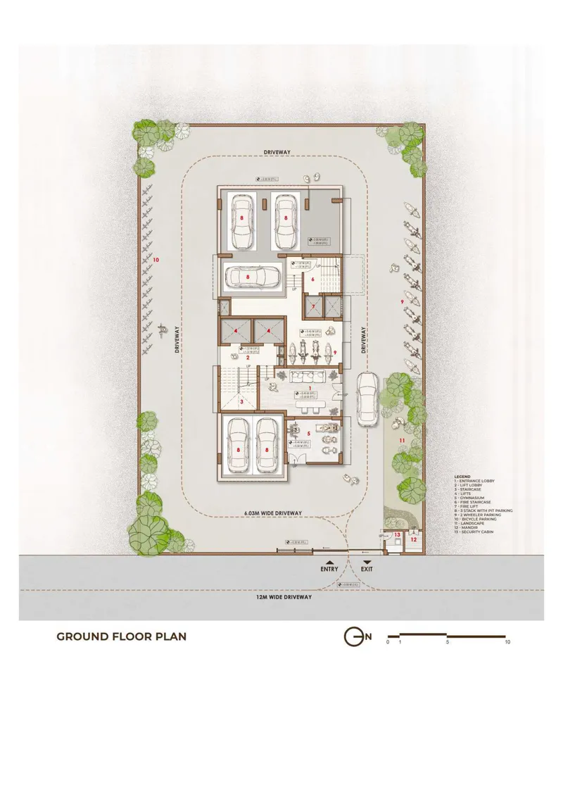 Ground floor plan drawing showing parking, landscaping, and room layouts with watercolor rendering