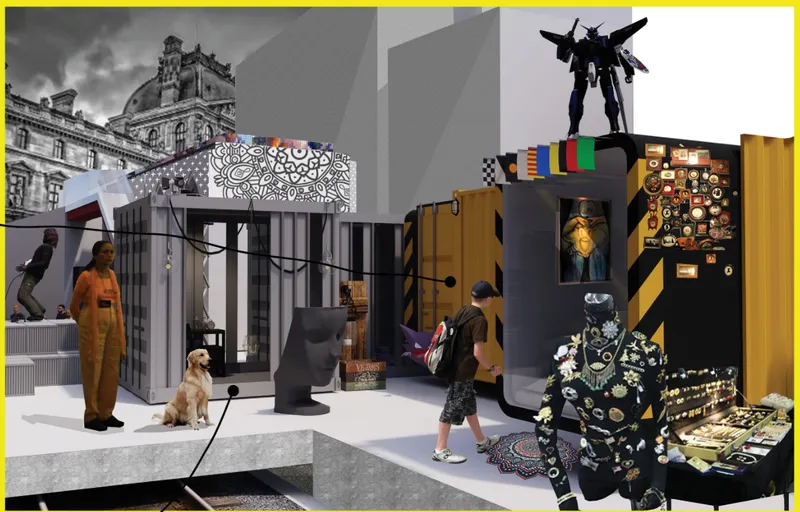 Repurposed shipping containers host galleries, retail, and installations, enabling flexible public programming.