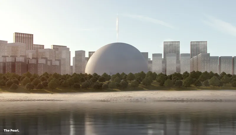 A monumental spherical form rises as a symbolic pearl, anchoring the mosque within Dubai’s urban skyline.