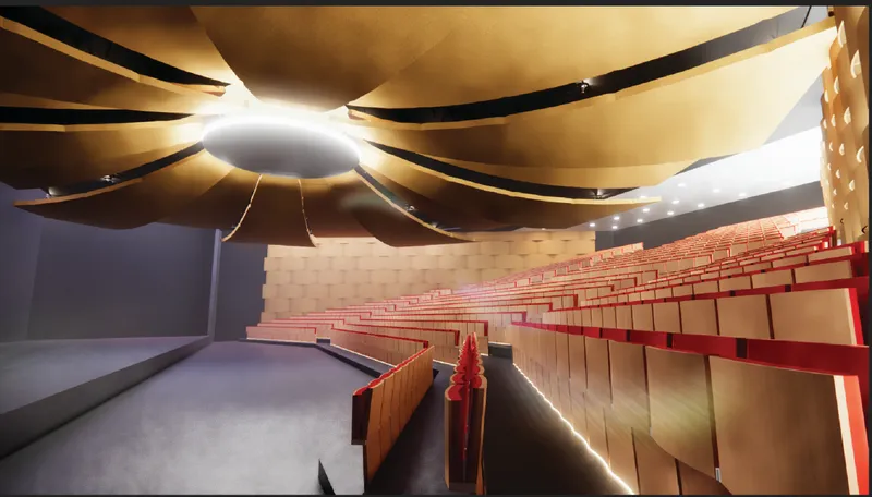 Dynamic interior perspective highlighting spatial flow and material warmth