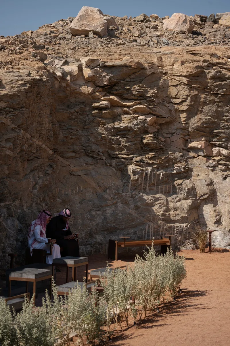 Wooden seating and planted beds at the base of a layered sandstone cliff under blue sky