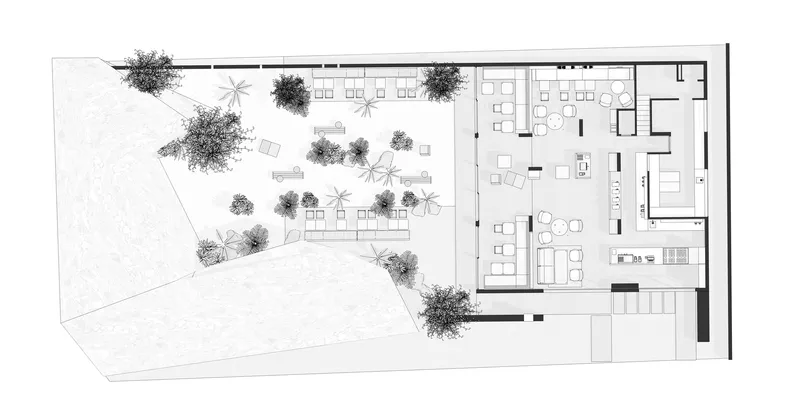 Floor plan drawing showing an outdoor courtyard with scattered trees and an interior dining hall with furniture layout