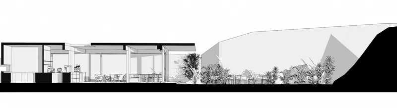 Section drawing showing the interior spaces with terraces and trees against a mountain backdrop