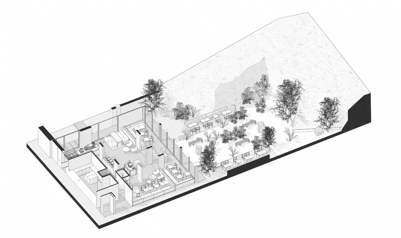 Axonometric drawing revealing the interior layout with planted courtyard and sloped roof volume
