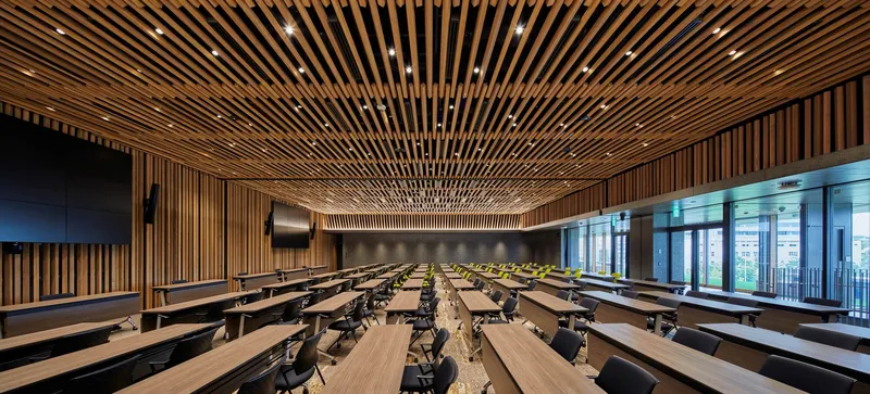 Lecture hall with radiating timber slat ceiling and rows of desks facing floor-to-ceiling windows