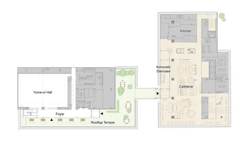 Floor plan drawing showing two separate buildings with a rooftop terrace, foyer, and labeled halls