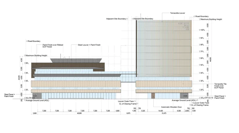 Elevation drawing showing layered facade assembly with terracotta louvers, steel panels, and glazing systems