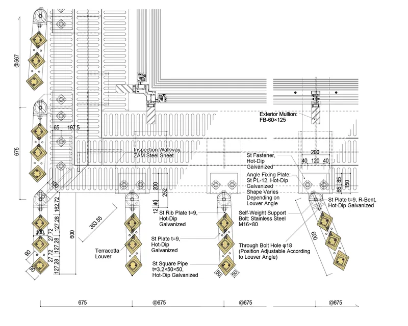 Plan detail drawing of exterior mullion connection with terracotta louver, steel plates, and hot-dip galvanized fasteners