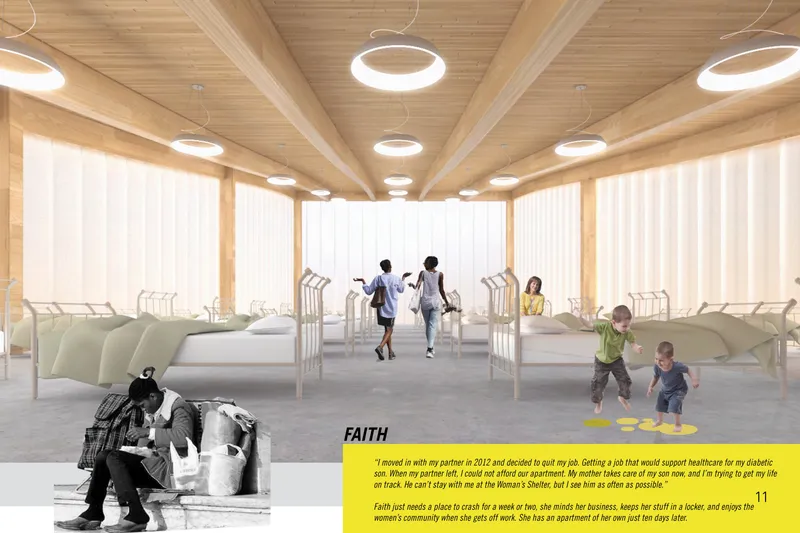 Emergency shelter hall, designed with warm materials and natural light to create a dignified and humane sleeping environment for residents.