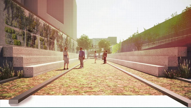 Sunlit linear corridor framed by terraced seating and vertical greenery, encouraging pause and movement.