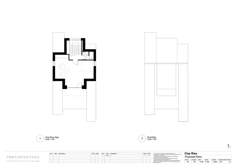 Floor plan and roof plan drawings showing first floor layout and roofline geometries