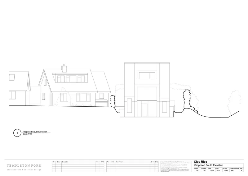 South elevation drawing showing the new structure beside existing neighboring houses with trees