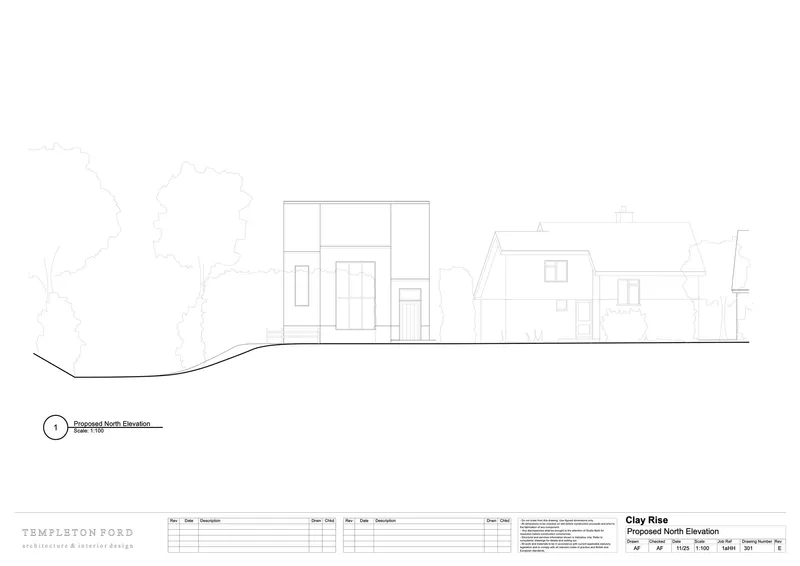 North elevation drawing showing the street facade with adjacent buildings and tree outlines