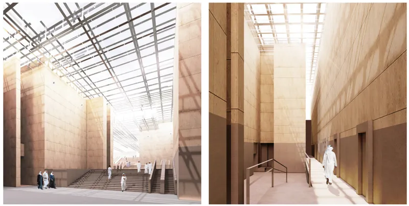 Light-filled circulation spaces shaped by layered grids and desert-toned materials