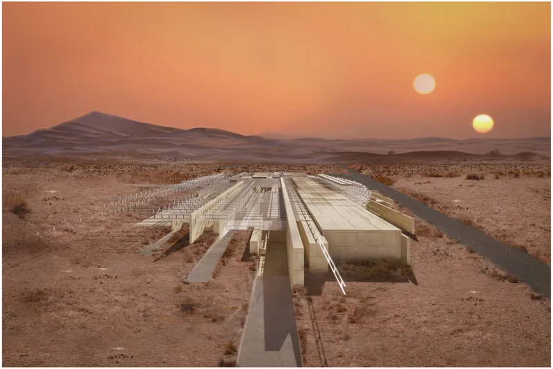 Monumental yet subtle form dissolving into the vast desert horizon