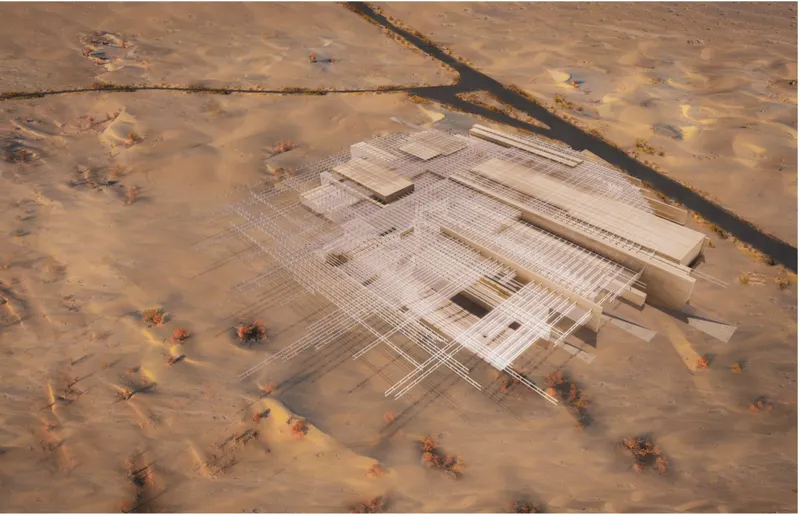 Aerial view of the cinematic architecture embedded within the desert landscape