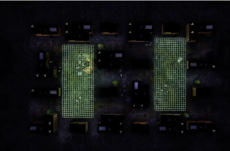 Night-time masterplan highlighting illuminated communal grids and safety-focused spatial design.
