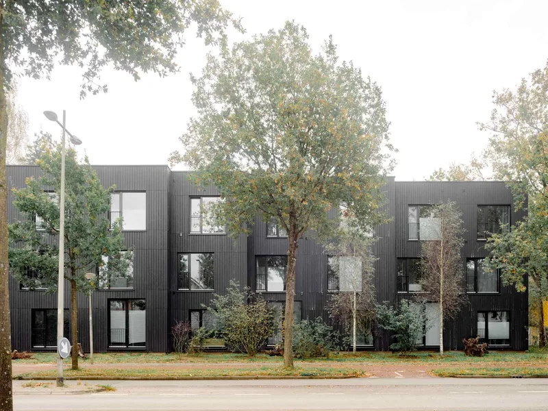 Dark vertical timber facade with scattered windows viewed from the street through roadside trees