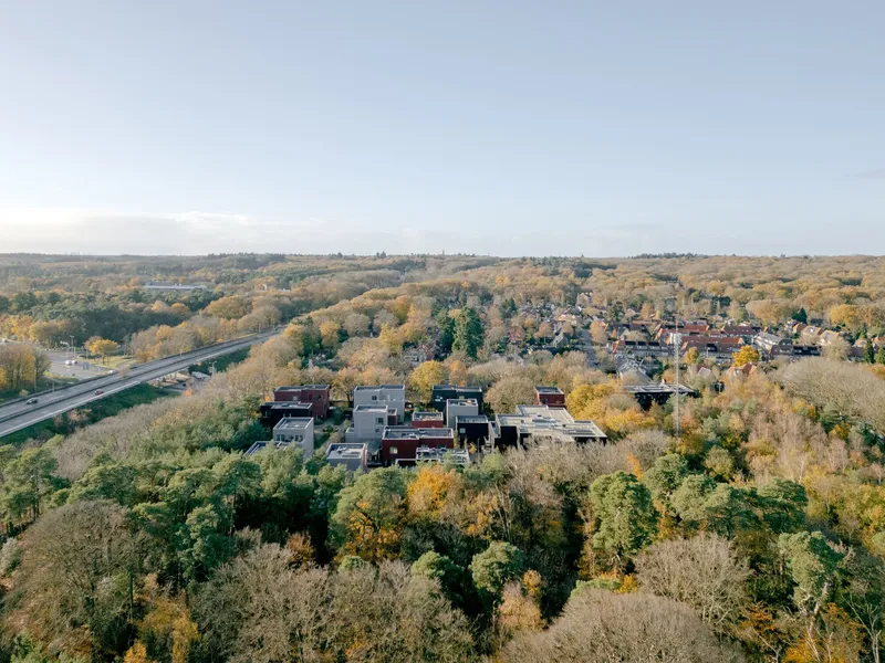 Drone view of low-rise housing cluster embedded in dense autumn forest with highway visible
