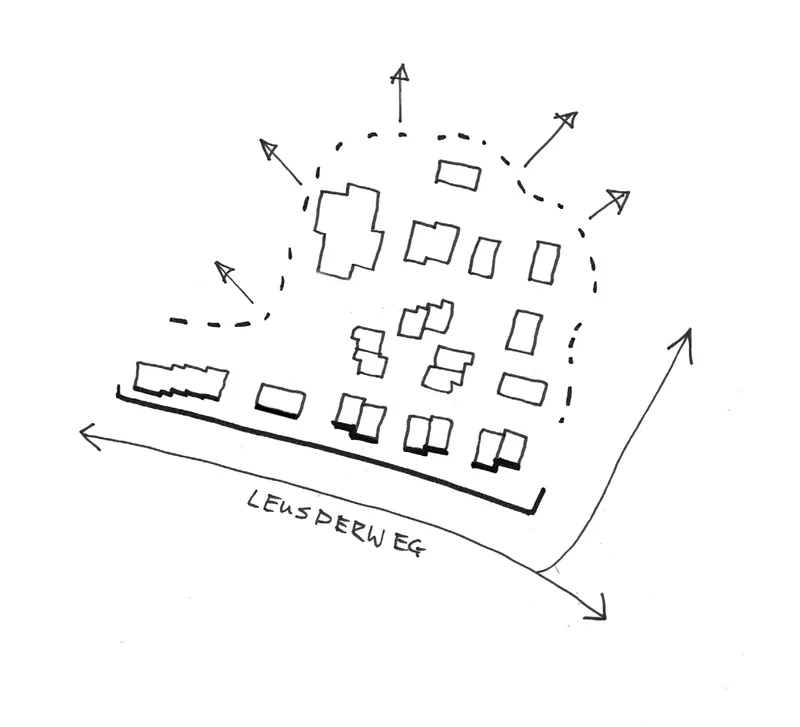 Concept diagram with arrows indicating circulation paths and prevailing wind directions around clustered volumes