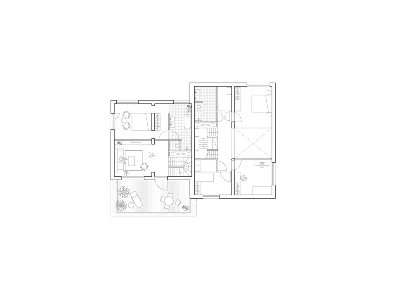 Floor plan drawing of an upper level with bedrooms, bathrooms and a terrace with plantings