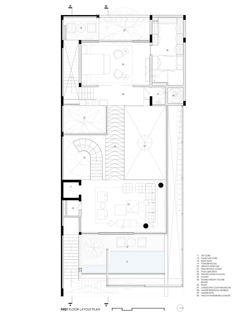 First floor plan drawing showing bedrooms, pool terrace, and double-height volume with decorative ceiling pattern