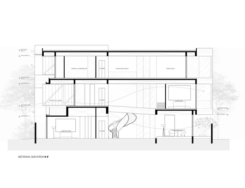 Sectional elevation drawing showing a three-story interior with a curved staircase and trees flanking the structure